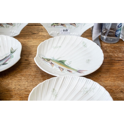 610 - Limoges - Set of Six Limoges Fish Plates, shell shaped,  measure 10'' diameter.  White base with dec... 