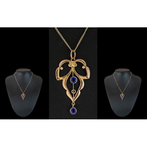 63 - Victorian Period Attractive Ladies 9ct Gold Open Worked Pendant set with blue Sapphires, attached to... 