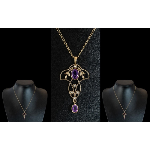 65 - Art Nouveau Style 9ct Gold Open Worked Amethyst & Seed Pearl Set Pendant, with later attached 9ct Go... 