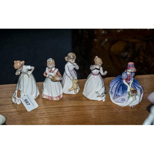 667 - Collection of Miniature Royal Doulton Figures, all approx. 4'' tall, comprising 'Sit', 'Mother's Hel... 