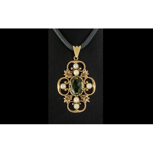 67 - Antique Period - Attractive 9ct Gold Open Worked Pendant Set with a Pale Citrine and Pearls, Solid C... 