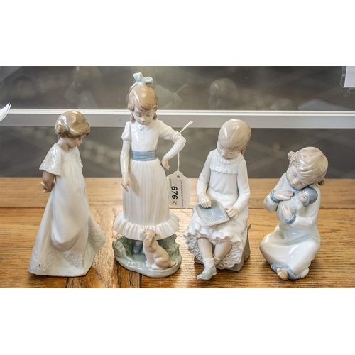 676 - Four Nao Figurines, comprising a girl with a doll, Schoolgirl writing her ABC, Girl with Puppy, and ... 