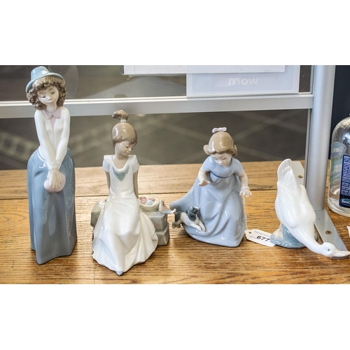 677 - Four Nao Figurines, comprising a girl in hat, a goose, a girl with a puppy and a girl on a bench wit... 