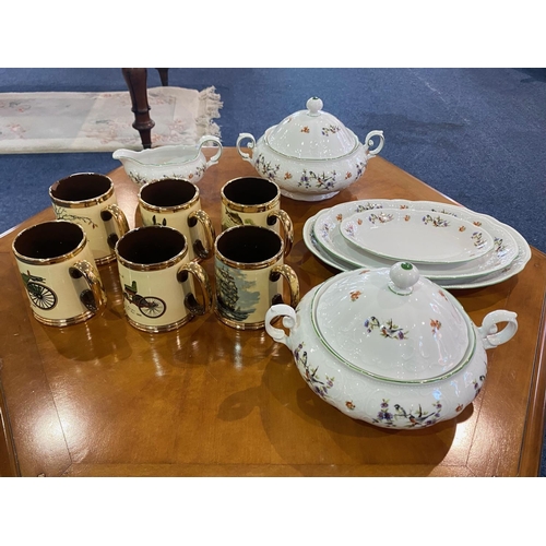 680 - A Small Collection Of Porcelain comprising, six drinking tankards, three serving platters, one gravy... 