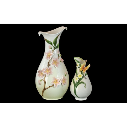 684 - Two Graff Porcelain Vases With Applied Floral Decoration In Pink, Browns And Greens. Tallest 10 ½ in... 