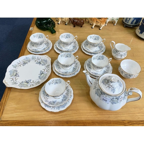 686 - Royal Albert Silver Maple Part Dinner Set to include a teapot, sandwich/cake plate, six side plates,... 