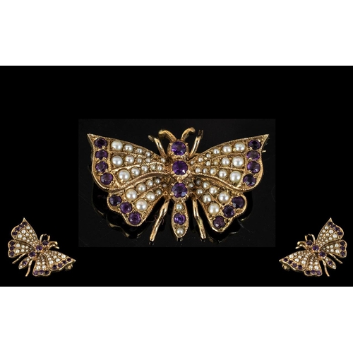 7 - Antique Period Exquisite and Superior Quality 9ct Gold Amethyst and Seed Pearl Set Butterfly Brooch.... 