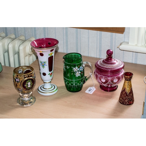 728 - Collection of Five Quality Coloured Glass Items, comprising Victorian Bohemian hand painted goblet, ... 