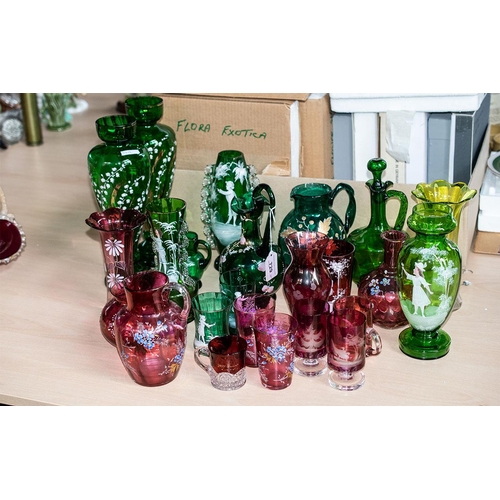 729 - Collection of Quality Coloured Glass, including Mary Gregory style green hand painted glass jugs, a ... 