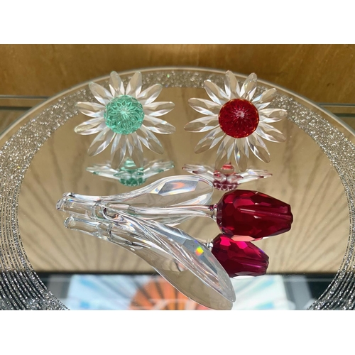 759 - Swarovski Interest. Includes Rose Tulip In Box, Red Flower With Petals, and A Green Flower with Peta... 