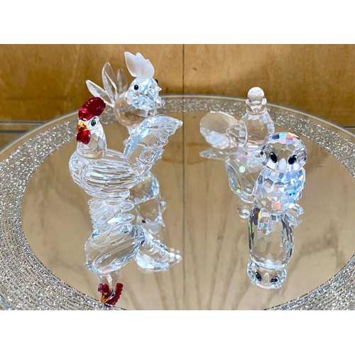 763 - Swarovski Interest. ( 4 ) Bird Figures. Includes Cockerel 7674 NR 045 000. 2/ Dove, 7605 NR 000 001.... 