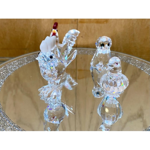 763 - Swarovski Interest. ( 4 ) Bird Figures. Includes Cockerel 7674 NR 045 000. 2/ Dove, 7605 NR 000 001.... 