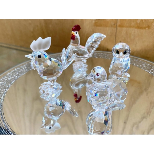 763 - Swarovski Interest. ( 4 ) Bird Figures. Includes Cockerel 7674 NR 045 000. 2/ Dove, 7605 NR 000 001.... 