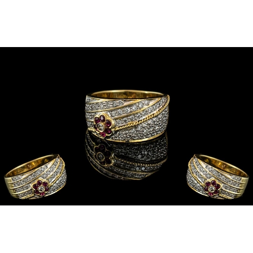 77 - 18ct Gold Stunning Ladies Diamond & Ruby Set Band Ring, of impressive design and style.  The diamond... 