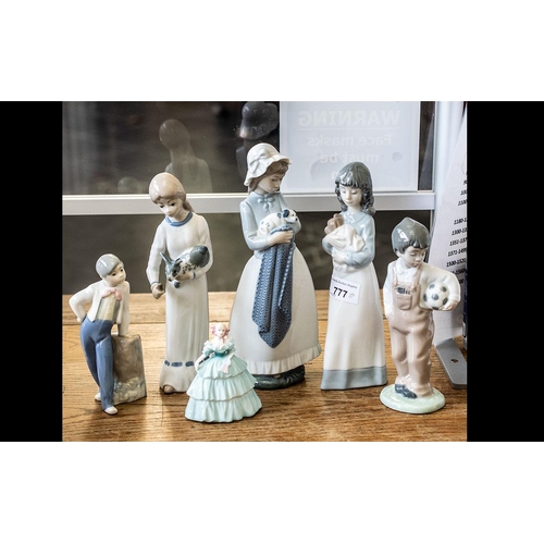 777 - Collection of Six Porcelain Figures, comprising a Nao figure of a girl with a puppy, 9.5'' tall, a N... 