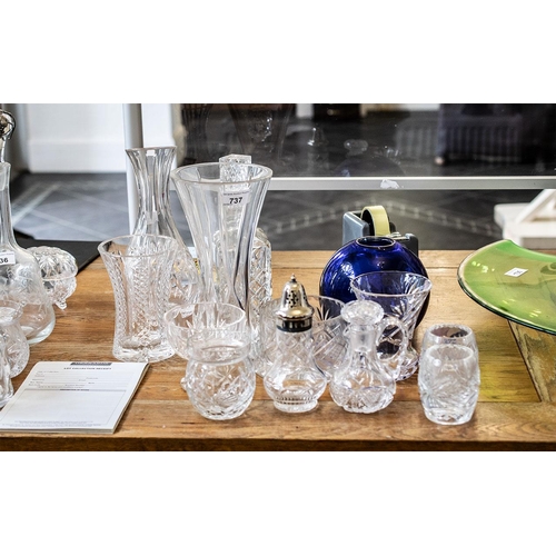 837 - Collection of Quality Crystal Glass Items, comprising a 10'' cut glass decanter, a 10'' vase, an 11'... 