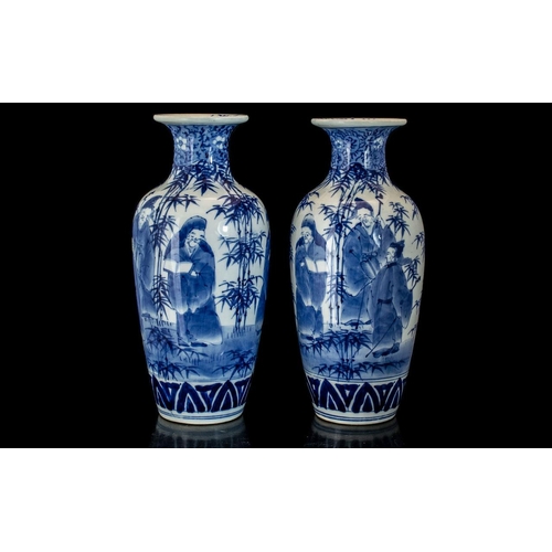 853 - An Antique Pair of Chinese Blue & White Vases, highly decorated, scholars and bamboo.  Superb order.... 