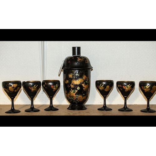 890 - Chinese Papier Mache Cocktail Shaker Set, comprising a cocktail shaker and six stemmed glasses, depi... 