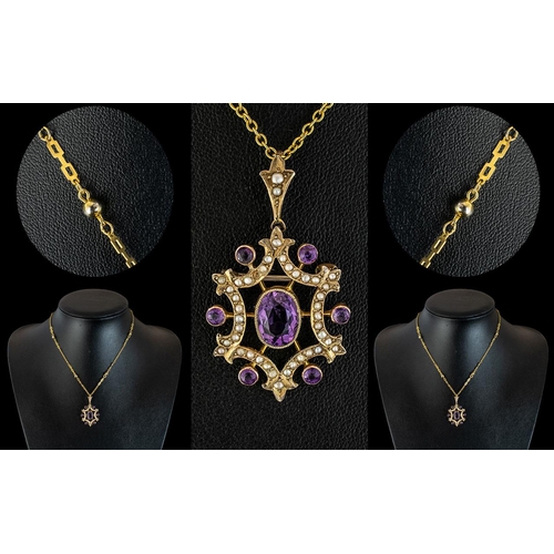 9 - Victorian Period 1837 - 1901 Superb 9ct Gold Open Worked Brooch / Pendant, Set with Amethysts and Se... 
