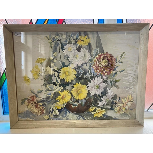 911 - Watercolour Signed Phyllis I. Hibbert, Glass Framed. Subject - ' Chrysanthemums ' Signed to Front. O... 