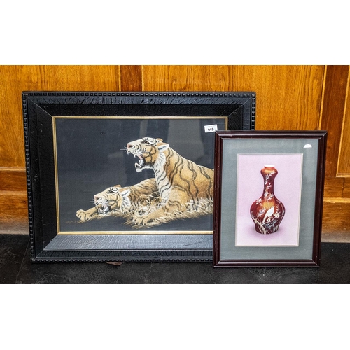 919 - Large Oriental Silk Stitch of Two Tigers, mounted, glazed and framed in black contemporary frame, im... 