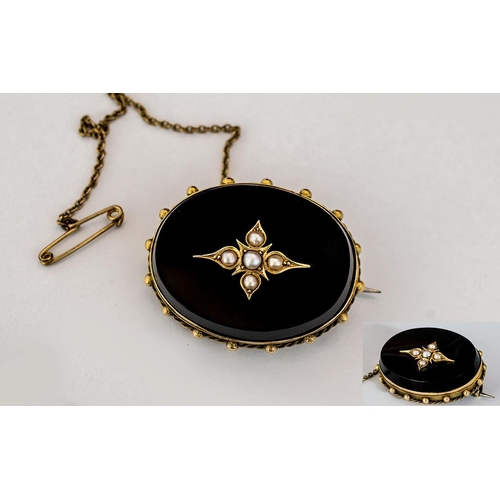 92 - Victorian Period 9ct Gold & Black Jet Set Mourning Brooch/Locket with Safety Chain, set with seed pe... 