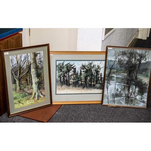 924 - Peter M Hicks (1937-) Three Original Mixed Media Works on Paper, woodlands country type scenes.  All... 