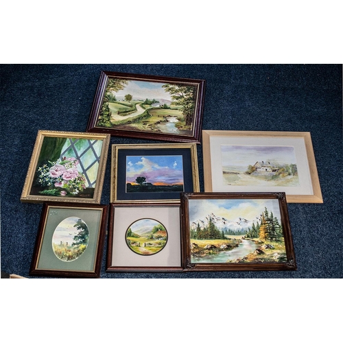 931 - Box of Paintings, comprising a signed oil painting 'Sunset', three oil paintings by M E Hill, two wa... 