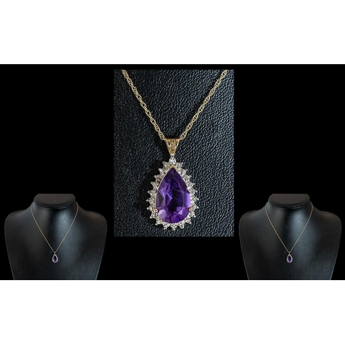 94 - Ladies 9ct Gold Attractive Amethyst & Diamond Set Pear Drop Pendant with attached 9ct Gold Chain - B... 