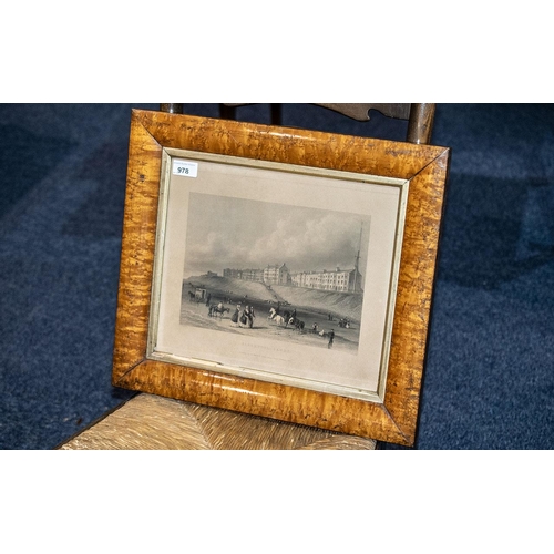 978 - A Victorian Framed Print Titled ''Blackpool Sands'' Showing Queens Terrace Blackpool 1845. A Walnut ... 