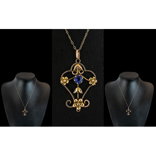 99 - Victorian Period - Attractive Art Nouveau 9ct Gold Open Worked Pendant Set with Sapphire and Seed Pe... 