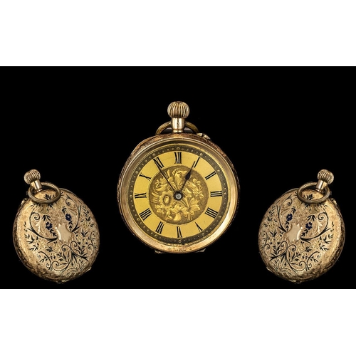 129 - Antique Period Keyless Ladies Ornate 14ct Gold Small Open Faced Fob Watch, features decorative gold ... 