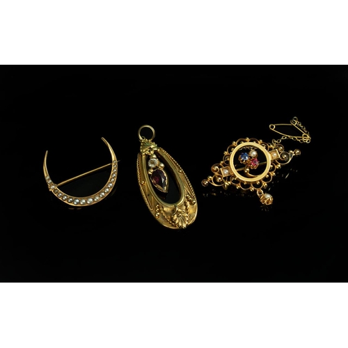 134 - Antique Period Fine Trio of 18ct and 15ct Stone Set Brooches - Pendant. Comprises 1/ 18ct Brooch Set... 