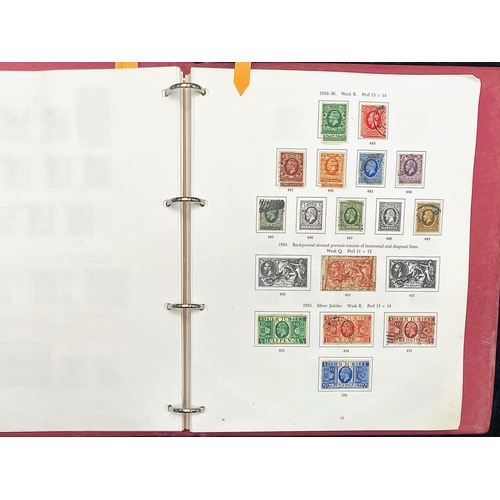 1395 - Stamp interest: Red Stanley Gibbons loose leaf illustrated GB stamp album - Partially filled with se... 