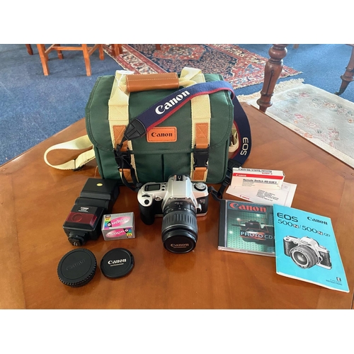 1401 - Camera Interest - Canon Ultrasonic EOS 500, in green carrying bag, with Cobra 440AF autofocus, film ... 