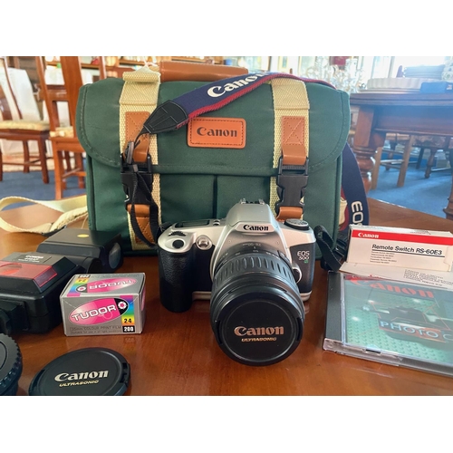 1401 - Camera Interest - Canon Ultrasonic EOS 500, in green carrying bag, with Cobra 440AF autofocus, film ... 