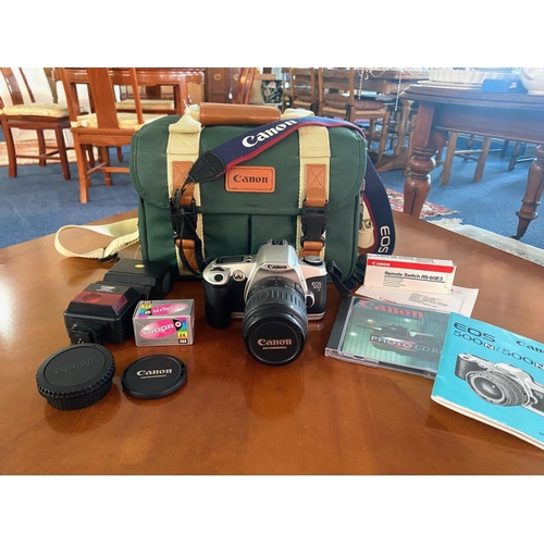 1401 - Camera Interest - Canon Ultrasonic EOS 500, in green carrying bag, with Cobra 440AF autofocus, film ... 