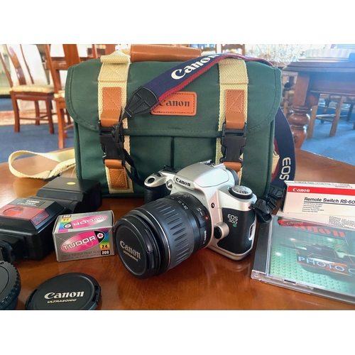 1401 - Camera Interest - Canon Ultrasonic EOS 500, in green carrying bag, with Cobra 440AF autofocus, film ... 