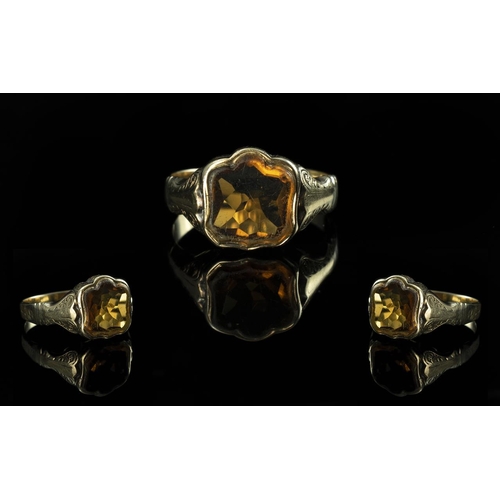 214 - Antique Period - Pleasing 15ct Gold Single Stone Shield Shape Citrine Set Ring. The Orange Faceted C... 