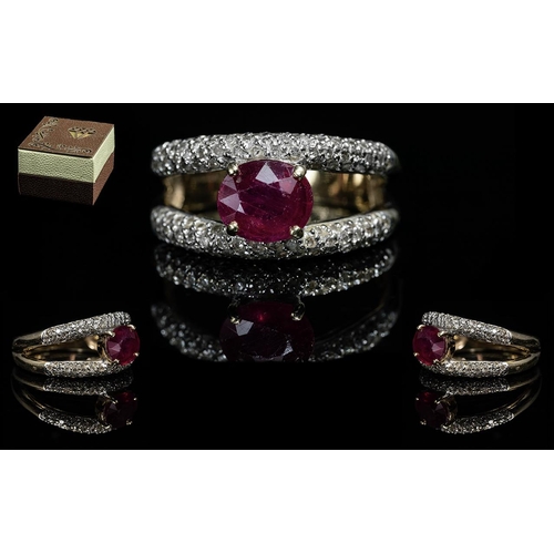 273 - Ladies 9ct Gold Contemporary Ruby & Diamond Set Fashion Ring.  Two bands of diamonds with Ruby set b... 