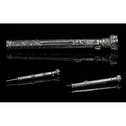 285 - Antique Victorian Sterling Silver Combined Propelling Mechanical Pencil & Dip Pen.  Both sliders mov... 