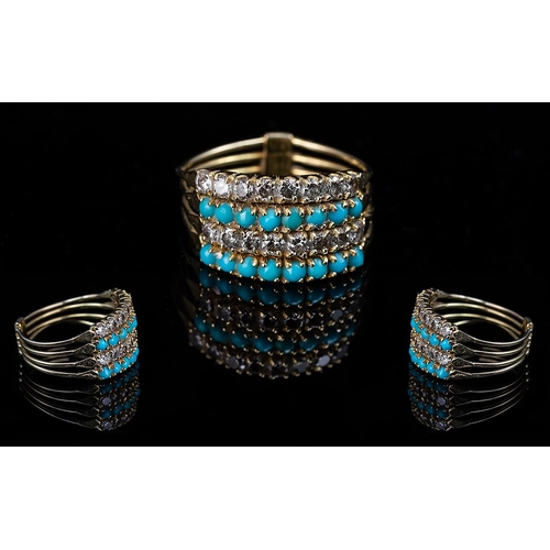 287 - 18ct Gold Attractive Combined Turquoise and Diamond Set Ring (four rings in one), marked 750.  Diamo... 