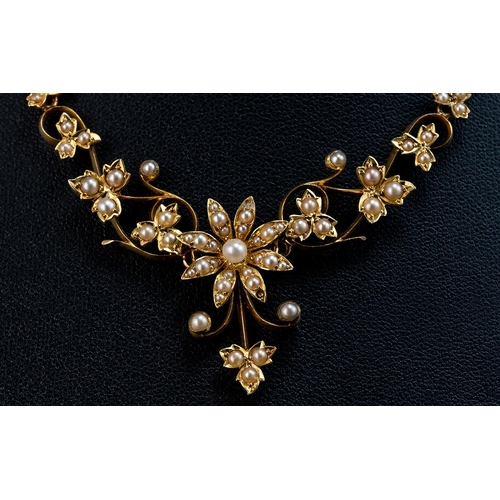 30A - Antique Period Attractive 18ct Gold Seed Pearl Set Ornate Necklace of Exquisite Form, not marked tes... 