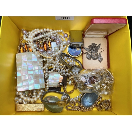 316 - Box of Costume Jewellery to include marcasite, pearls, watches, lighters, mother of pearl cigarette ... 