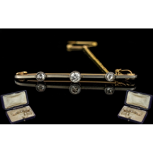 346 - Antique Period 18ct Gold and Platinum 3 Stone Diamond Set Brooch with Safety Chain. Diamonds of Good... 