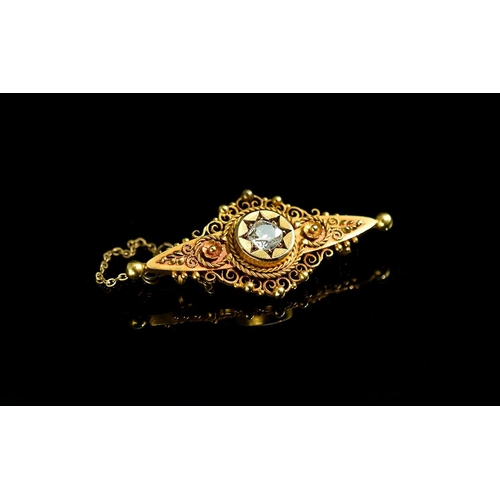 87 - Antique Period 15ct Gold Ornate Crafted Brooch Set with a Good Quality Diamond to Centre. Marked 625... 