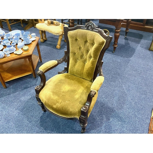 1020 - Victorian Mahogany Parlour Chair, with upholstered button back, seat and arm rests, carved frame, ra... 