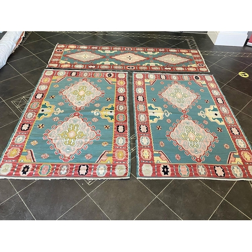 1060 - A Set Of Three Aztec Design Woolen Rugs, Turquoise And Pink Geometric Designs, 2 x Rugs 175 x 125cm ... 