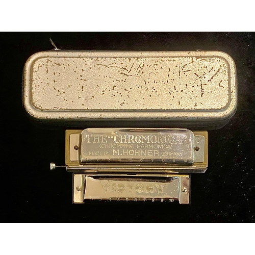 1105 - M Hohner 'The Chromonica' Harmonica, made in Germany, together with a Victory Harmonica.