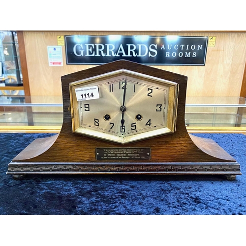 1114 - Art Deco Mantle Clock, silvered face, plaque to front dated 5th March 1931, presented to Miss Elsie ... 